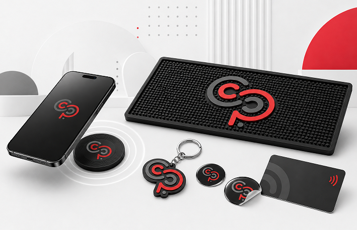 Produkty NFC Commercial Progress – brelok, mata barowa, karta i naklejki NFC